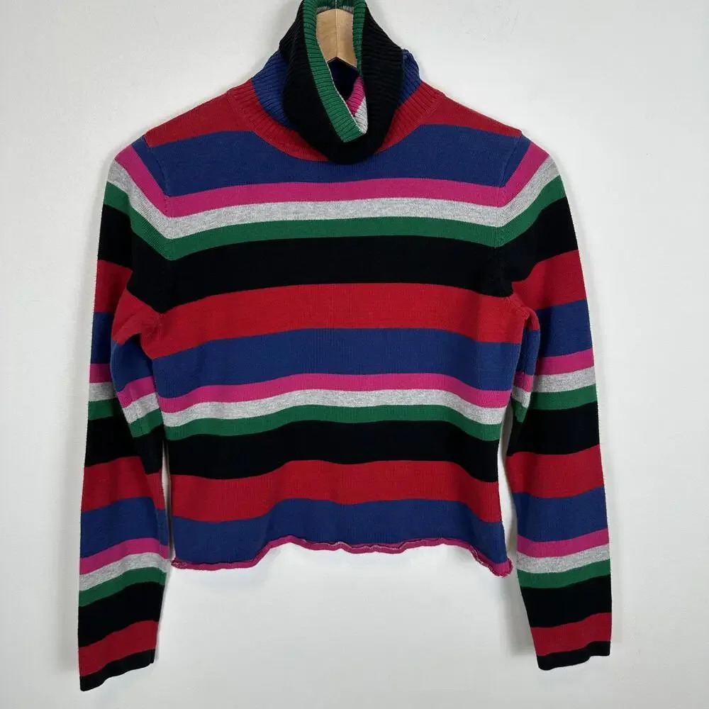 Y2K Bold Wide Striped Cotton Turtleneck Lightweight Sweater Multi Color Size S